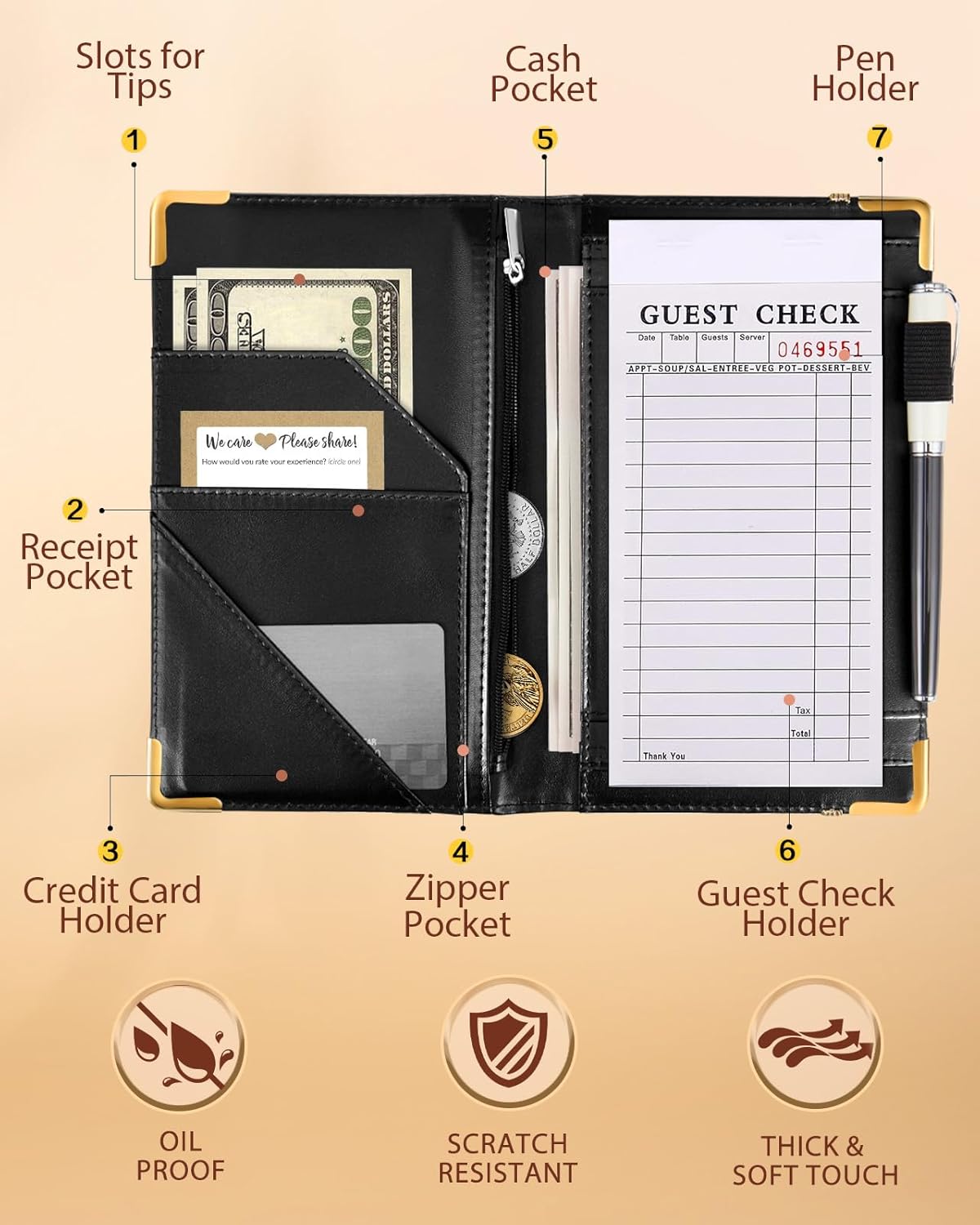 Server Book for Waitress with Zipper Pocket Accessories Leather Server Check Book