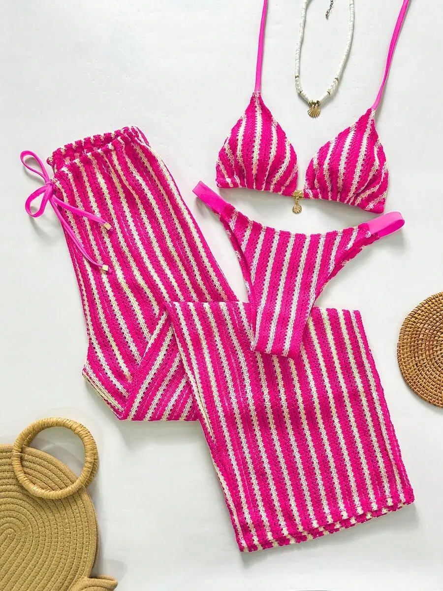 Women's Pink And White Striped 3 Piece Swimwear Set,Summer Casual Beach Holiday Vacation Holiday Bathing Suit With Cover Up Pants,Ladies Outfit