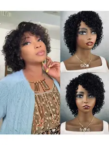 Women's Real Hair Wig, Curly European Style, 100% Human Hair, Short Wavy Afro Pixie Cut, Fashionable Bangs, Natural Look