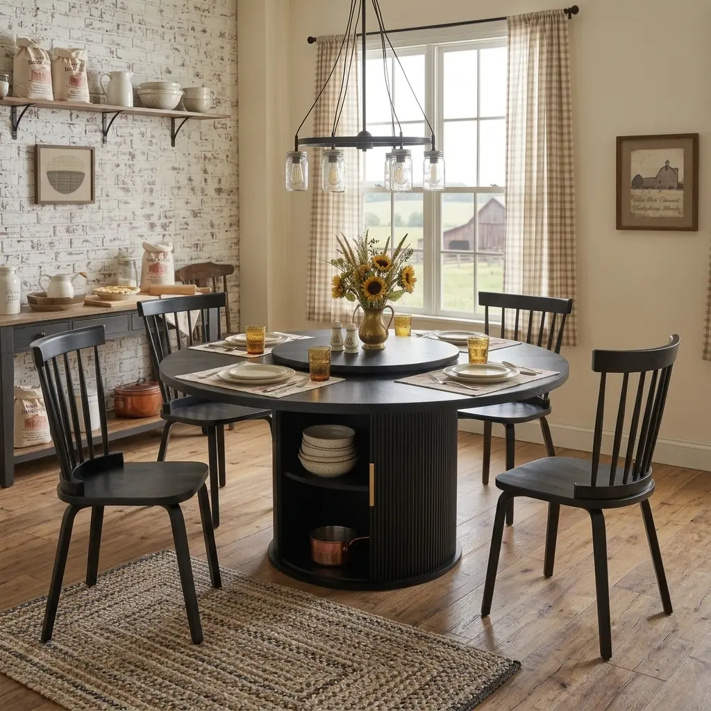55-Inch MDF Round Dinner Table with Rotating Stain-Resist Top, Double-Tier Storage Rack, Wooden Sliding Doors, Fits 55" Round, Seats 6, Wipes Clean Fast, Indoor Dining Room Furniture for Family Dinners, Assembly Required, Chairs Not Included