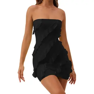 HOCILLE Women's Sexy Strapless Tube Top Bodycon Sleeveless Ruffle Mini Party Dress Backless Comfort Mesh Fabric 2024 Fashion Elegant Dress Summer Solid Color Formal Dresses For Women short party dress Outdoorfun Basic Womenswear