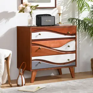 31.5" Mid-Century Modern 3 Drawer Dresser, Wave Front Wooden Chest with Storage, Vintage Accent Drawer Cabinet for Bedroom & Living Room