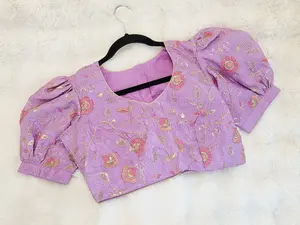 Lavender Bloom Crushed Silk Embroidered Puff Sleeves Blouse