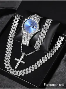 Men's Punk Style Rhinestone Decor Watch & Bracelet & Adjustable Cross Charm Necklace & Cuban Necklace Jewelry Watch Set