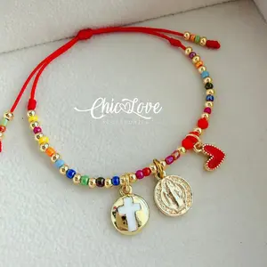 San Benito Red String Bracelet with Heart Charm, 18K Gold Plated, Adjustable 5-9 Inches