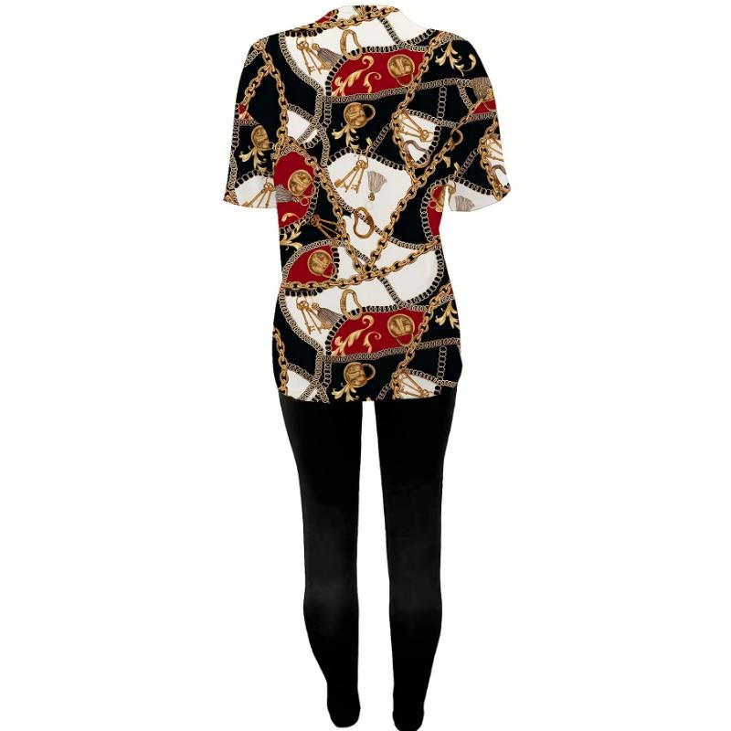 2 piece sets double layer dress Casual Faith Print Pantsuits, Short Sleeve T-shirt & Skinny Leggings Outfits, Women's Clothing Fabric Womenswear Collar Spandex Comfort Gamis Crewneck Fitted Multicolor Shortsleeve 2 piece sets women Polyester Ginger-Colore