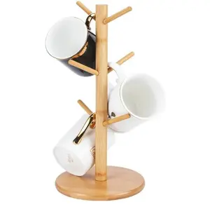 Bamboo Mug Tree Holder, Upgraded Screw Type 6 Hooks Coffee Mug Holders, Decorative Mug Racks for Counter, Non-Slip Coffee Mug Cup Trees