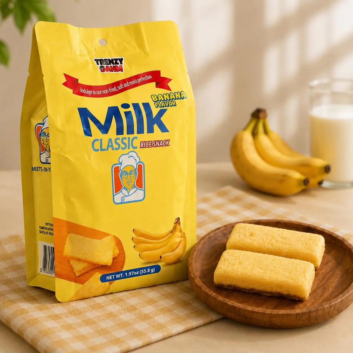 TRENZY GAHM Banana Rice Cakes - Healthy Non-Fried Korean Snack, Double Rich Flavor, Crispy & Puffy, 55.8g