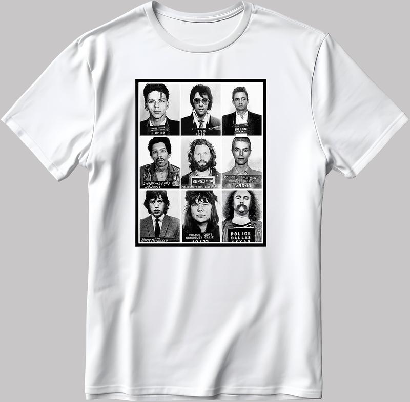 Celebrities Mugshot Rock Stars Graphic Tee Short Sleeve White-Black Unisex T-Shirt Trendy Streetwear Meme Essential for Everyday