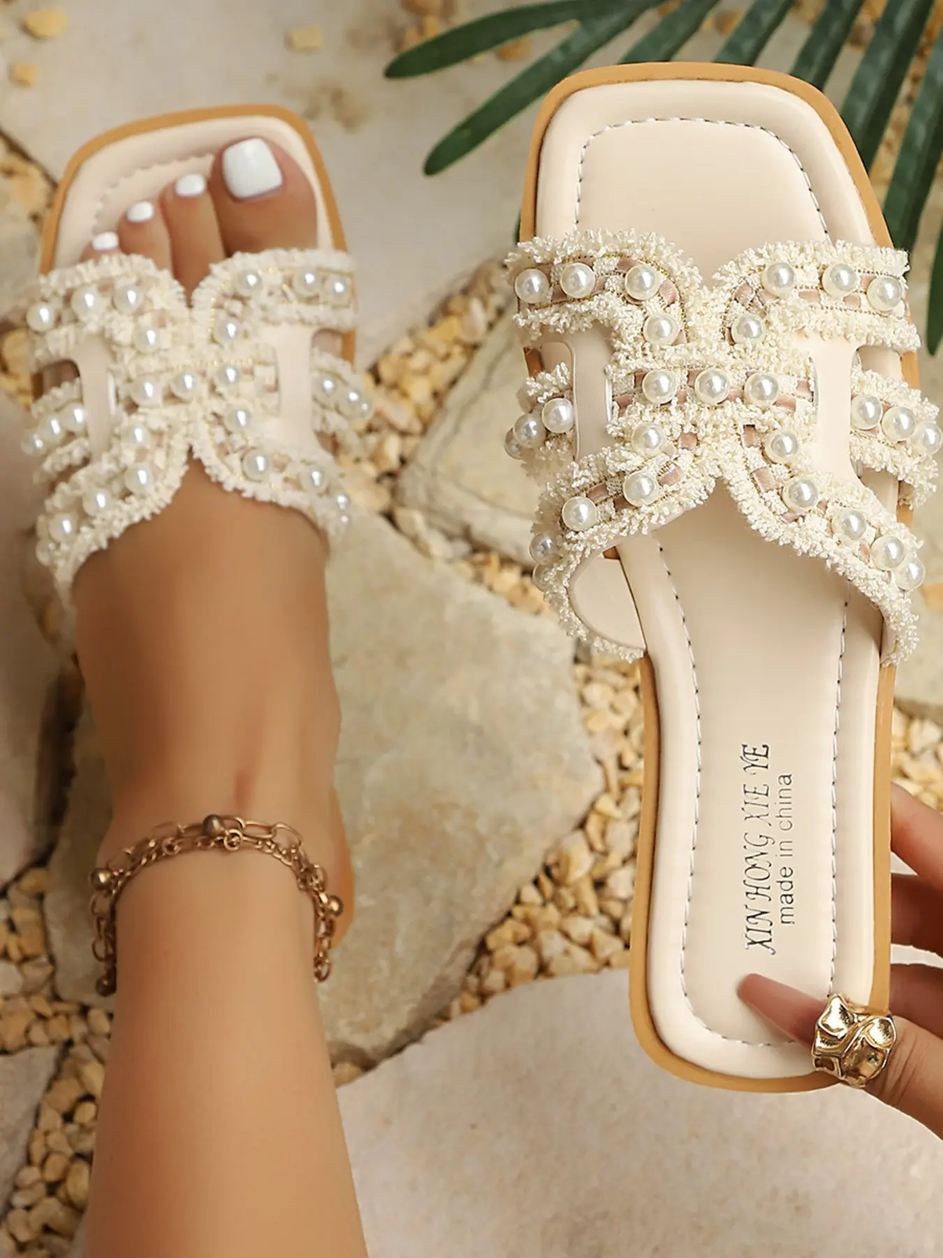 French Style Lace Pearl Sandals, Spring Summer Hollow Out Webbing Square Toe Flat Slippers, Casual Outdoor One-Strap Shoes, Wedding Essential, Embellished Sandals, Elegant Sandal