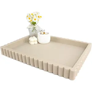 14" Scalloped Coffee Table Tray, Decorative Ottoman Tray for Modern Home Decor, Ideal for Entryway Living Room Table Centerpiece Decor - Beige Resin