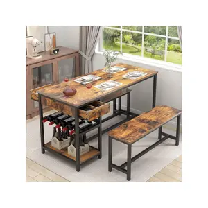 High quality  For 4 6 People 54.7 Kitchen Dinner 2 Bench Dining Room Set Storage Drawer Shelf 3 Piece Breakfast Nook Table With Wine Rack Glass Holder