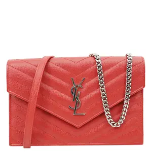 Pre-owned Yves Saint Laurent Leather Shoulder Bags YSL Cassandra Matelasse Grain De Poudre Chain Wallet Red