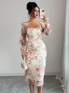 Women's Spring Autumn New Elegant Romantic Mesh Floral Print Ruffle Long Sleeve Mid-Length Dress, Stylish and Comfortable Fashion Elegance