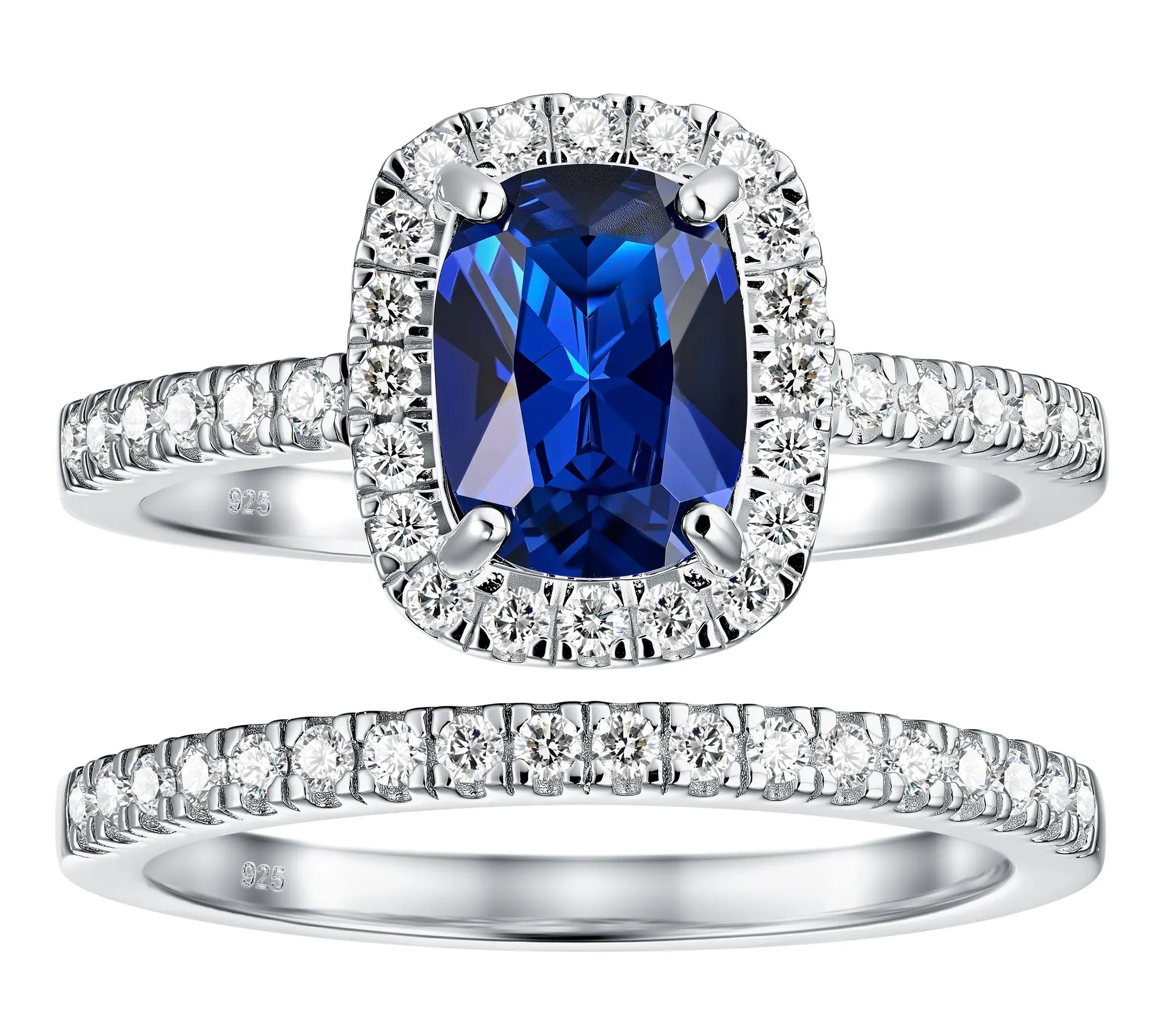 Diamonique Blue Radiant Ring w/ Eternity Band Set, Sterling