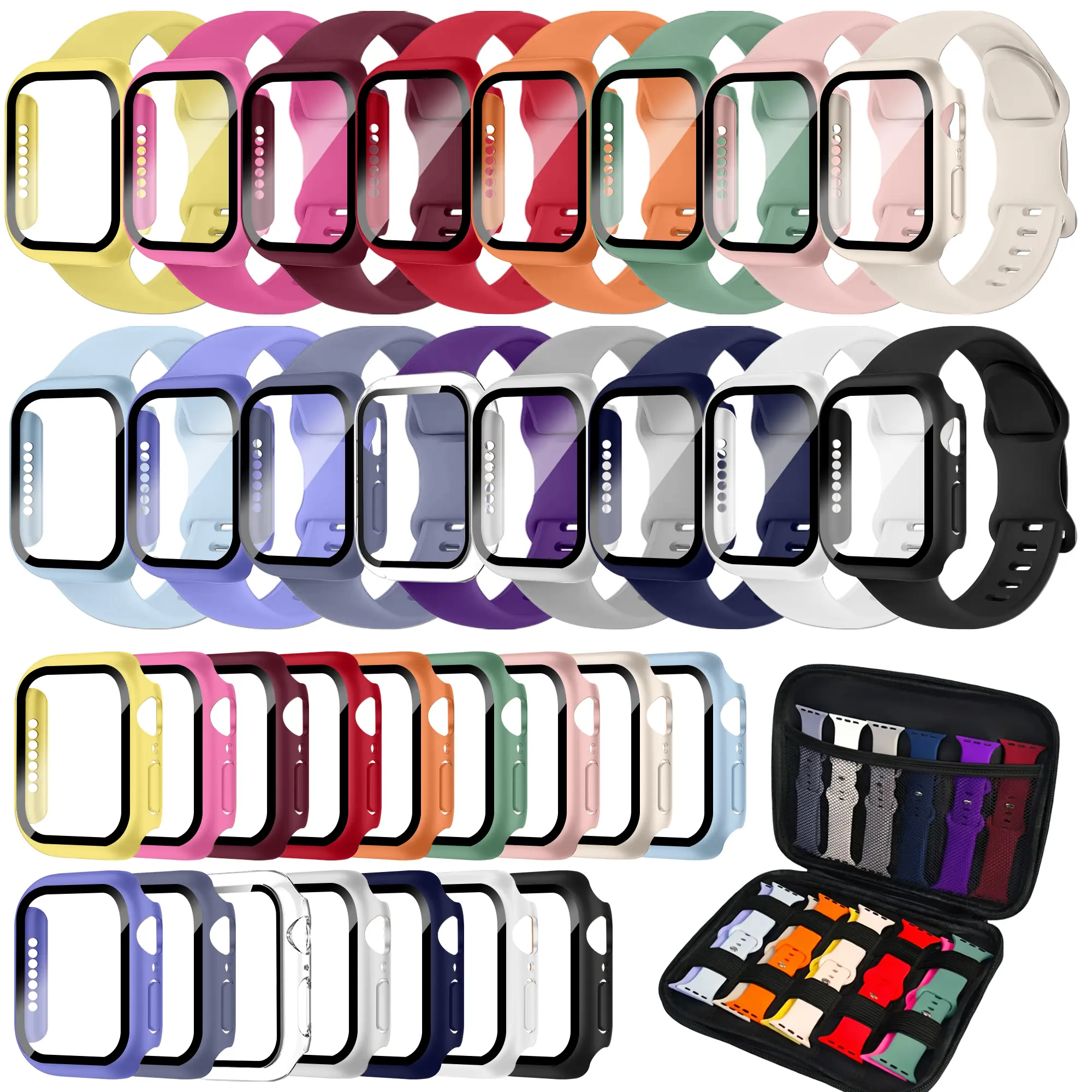 32PCS iWatch Accessories Set with 16 Silicone Sport Bands, 16 Protective Cases & 1 Storage Bag - Soft Replacement Wristbands, Accessories for Women, Fit for iWatch Series 4-11 & SE (40mm,41mm,42mm,44mm,45mm,46mm) for Fitness, Daily Wear