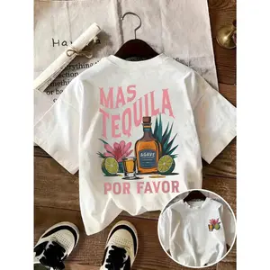 Glissea Tequila Cocktail Margarita Glassware Lemon Flower Leaf Letter Print Round Neck Casual Plus Size Women T-Shirt, Spring/Summer