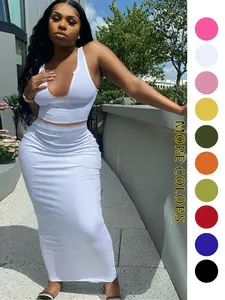 Two-piece Set Women's Solid Notched Neck Crop Tank Top & High Waist Bodycon Skirt Set, Casual Slim Sleeveless Top & Long Skirt, Ladies Summer Clothes for Daily Wear, Outfit Sets Women, Summer Outfits Set