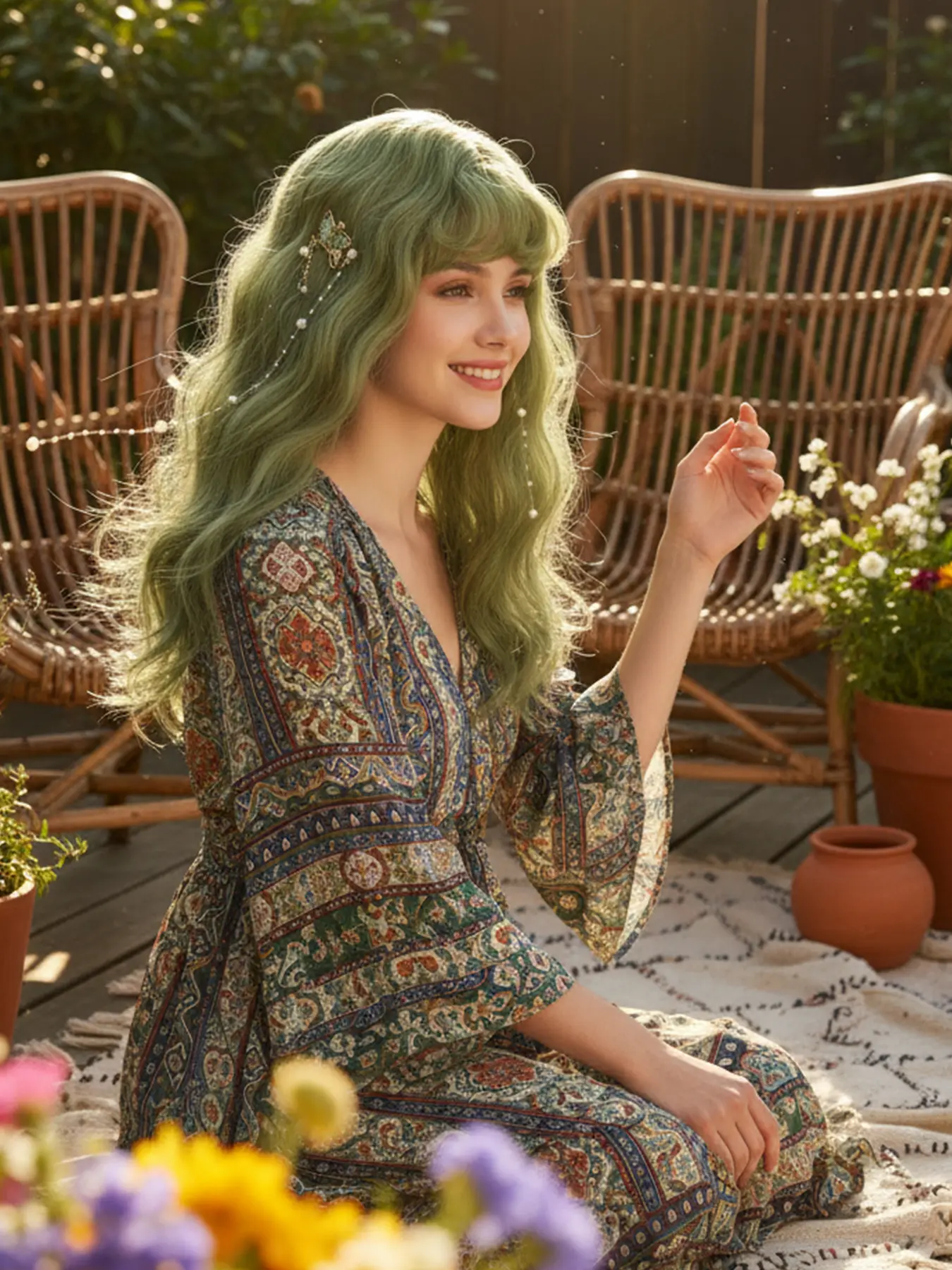Green Wig with Bangs Soft Long Wavy Wigs for Women Curly 