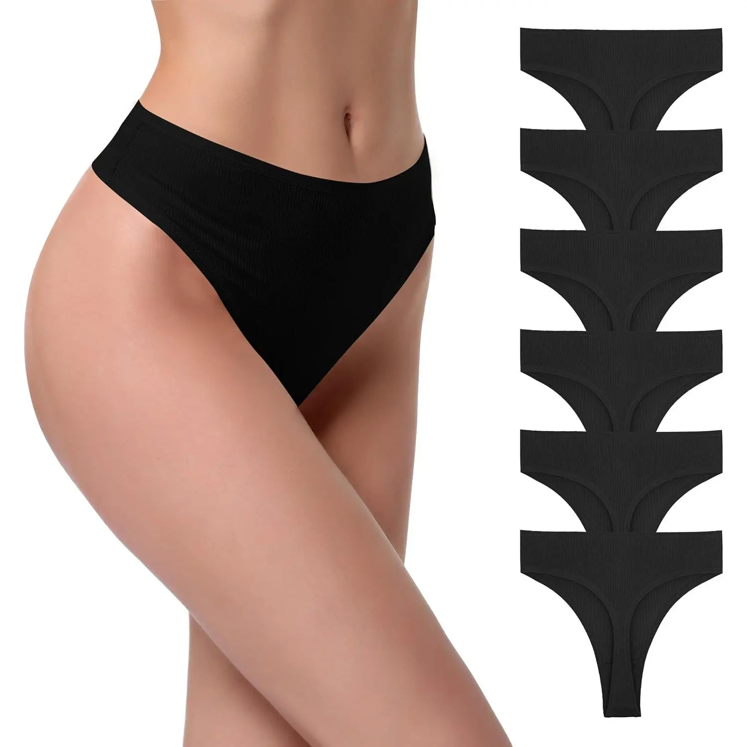 Women's Ribbed Cotton High-Waisted Thongs - 6-Pack Casual Soft Panties, Elastane Assorted Set, Seamless Knitted Stretch Underwear, Pull-On Cotton Underwear