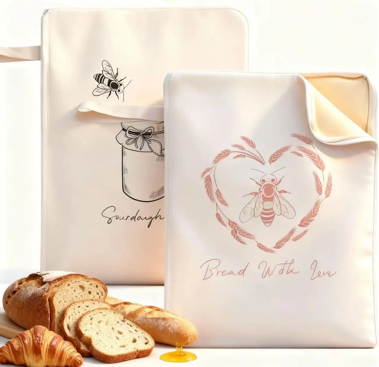 2 Packs Premium Beeswax Bread Bags for Sourdough with Wide Zipper Access, 13x17 Inches Reusable Organic Beeswax-Coated Linen Cotton Bread Bags for Homemade Bread, Keeps Bread Fresh Naturally
