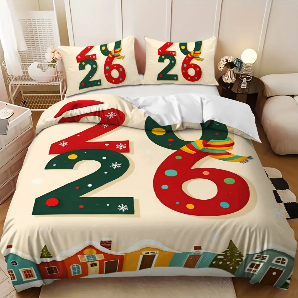 Bedding 3-piece set - 3PCS - Merry Christmas 2026 red and green number design down comforter set (1 duvet cover + 2 pillowcases, filling not included). A perfect gift for family, soft and comfortable, suitable for family bedrooms.