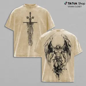 Women's Vintage Saint Michael The Archangel Flaming Sword Print Short-Sleeve T-Shirt - Lightweight, Soft, Breathable, Aesthetic Unisex Christian Top with Scales of Justice Design, Casual Church Streetwear Clothes