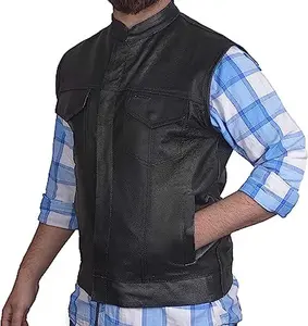 DEFY Men’s Motorcycle Leather Vest with Concealed Carry Pockets, Biker Vest Black
