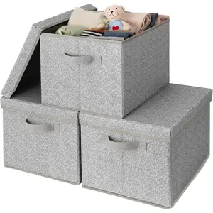 GRANNY SAYS Storage Boxes with Lids, Set of 3 Fabric Boxes with Lids, Grey Storage Box for Clothes, Fabric Containers, Large Fabric Boxes for Closet Organiser White&Khaki