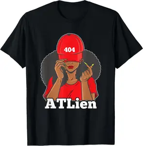 100% Cotton 404 ATLien Atlanta ATL Area Code Black Woman Afro T-Shirt