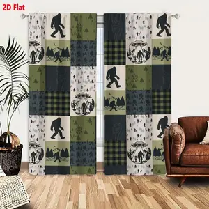 2D Flat 2 Piece Bigfoot UFO Trees Footprints Patchwork Black White Green Gray Beige Rustic Whimsical Nature Themed Window Curtains for Bedroom Living Room