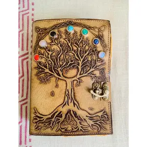 Vintage Leather Journal with Antique Paper, Tree of Life Design, leather journal