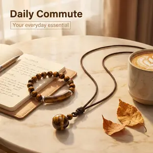 2pcs/set Natural Stone Necklace Bracelet Set Men Women Adjustable Woven Cord Tiger Eye Stone Obsidian Jewelry Set Holiday Gift