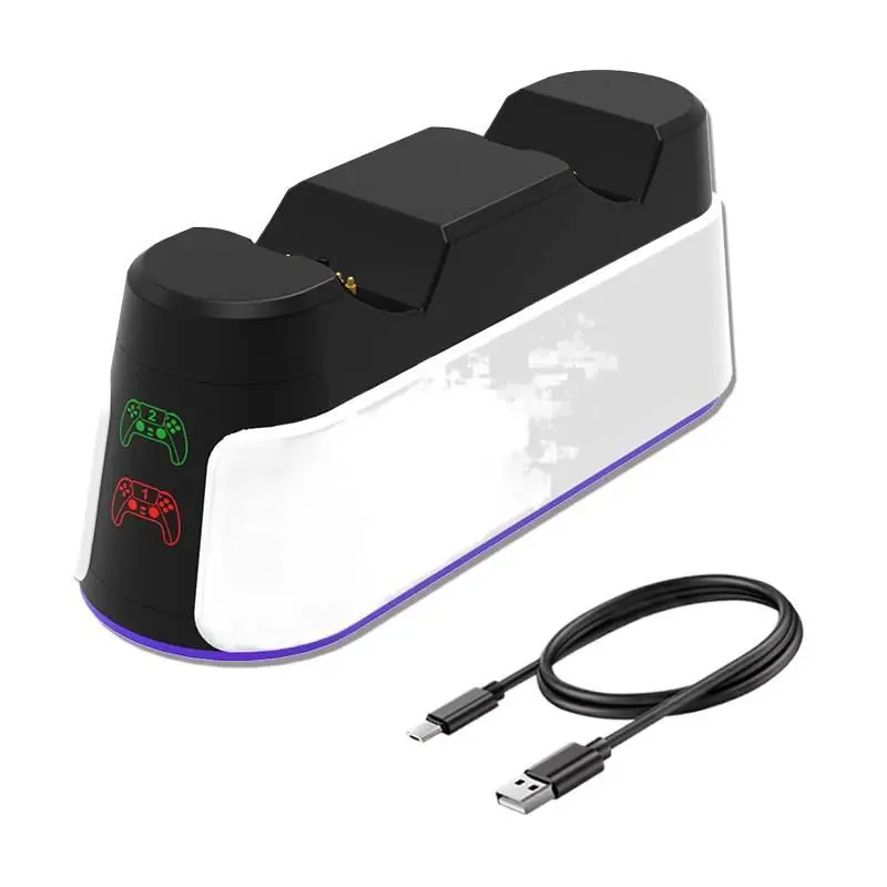 PS5 Elite Console Accessories Dual Controller Charger Dock - Compact Design, Colorful Lights, Rubber Grip, Transparent Aesthetic, Protection, USB Charging Cable, Usb Cable