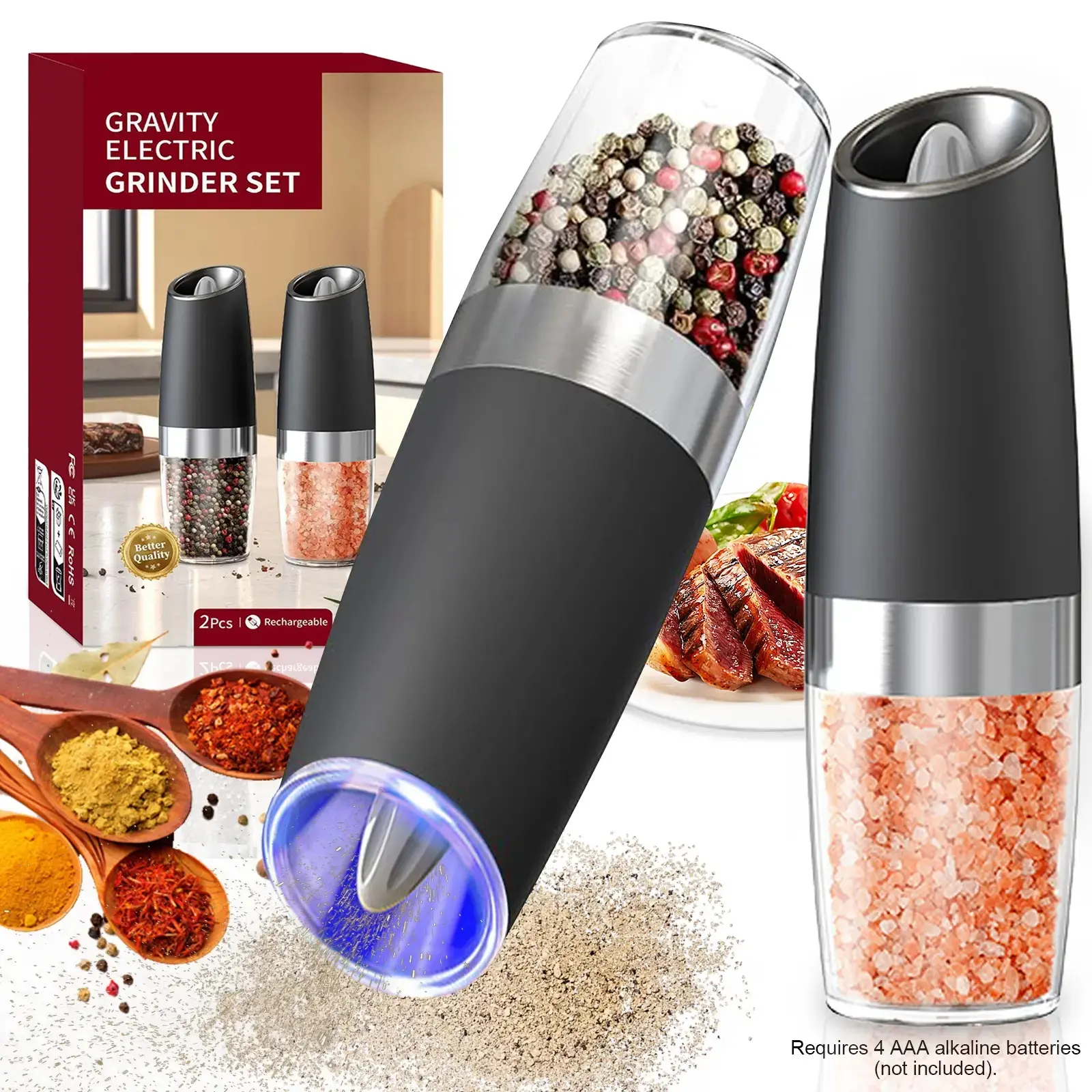 2-Pack Sturdy Automatic Salt and Pepper Grinder Set, Stainless Steel Black Kitchen Utensils, Adjustable Coarseness, Rechargeable Gravity Switch Battery-Powered LED Light, Transparent Ceramic Seasoning Container, for Outdoor Picnics
