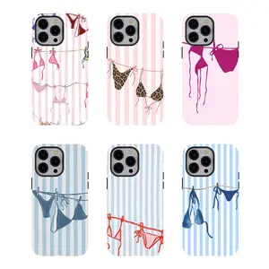 [No magnetic]  Coquette Bikini Print Phone Case,Striped Background Summer Aesthetic Dual-Layer design durable phone Cover,for iPhone 17 16 15 14 13 12 11 8 7 for Samsung Series,Shockproof Protective hard Cover,perfect gift for her