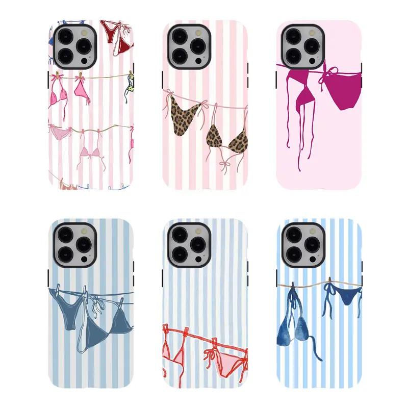 [No magnetic]  Coquette Bikini Print Phone Case,Striped Background Summer Aesthetic Dual-Layer design durable phone Cover,for iPhone 17 16 15 14 13 12 11 8 7 for Samsung Series,Shockproof Protective hard Cover,perfect gift for her
