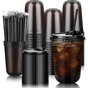 100 Set 16oz Clear Plastic Cups with Sip Lids & Straws, Disposable Round Bottom To Go Iced Coffee Cups Bulk for Cold Drinks Slushie Smoothie Lemonade Soda Bar Graduation Party Supplies
