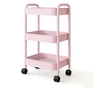 Easy-to-assemble three-tier rolling cart, versatile pink storage trolley for kitchen, bedroom, and dorm hat  shoe rack organizer funny stickers prom bouquet room decorations