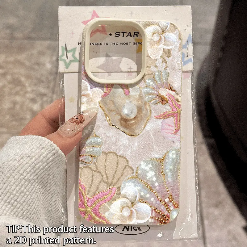 Luxury Mother-of-Pearl Embroidered Pink Starfish Patchwork TPU Phone Case - Lychee Texture, Shockproof Casing with Protection for iPhone 17,16,15,14,13,12,11 Smartphones