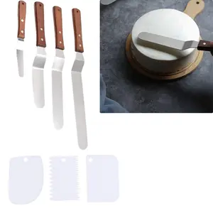 4 Packs Offset Spatula,Stainless Steel Cake Icing Spatula Set,4” 6” 8” 10”with Wooden Handle and 3 Packs Cake Smoother Scraper Set for Cake Decorating,Baking (Angled)