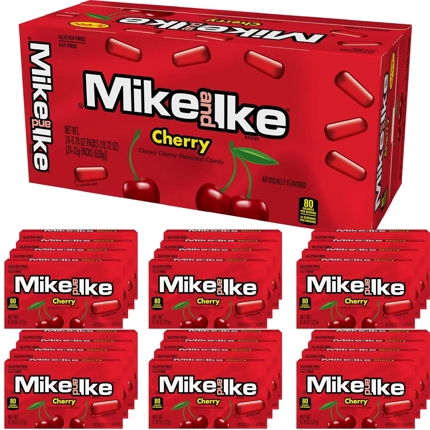 Pack of 24 - Mike and Ike Cherry Flavor Gummies, 0.78 oz Box, Strawberry Candy, Low Fat Sugar-Sweetened Corn-Free Chewy Snack for Vending Machines