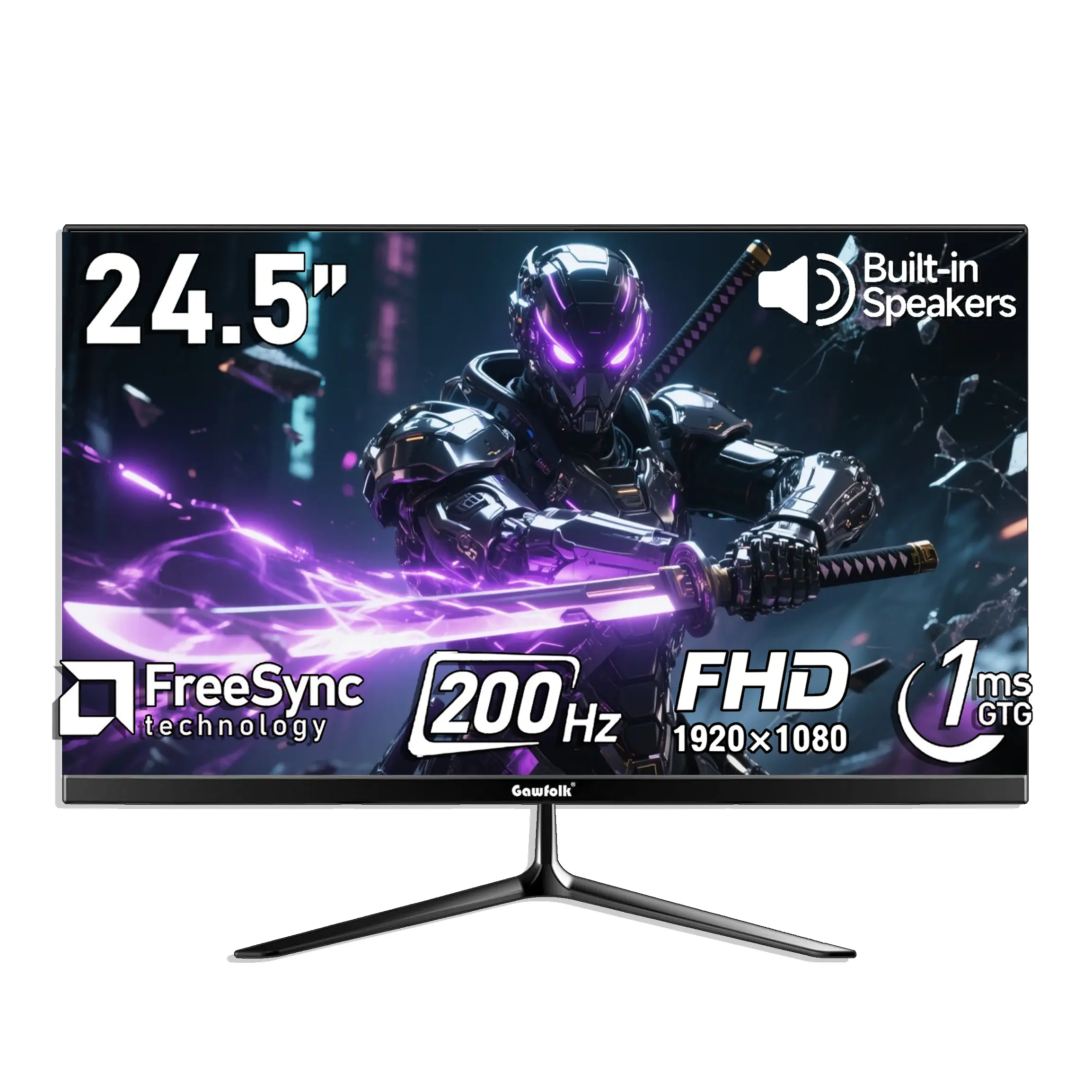 Gawfolk 24.5" Full HD 1080P VA Panel Gaming Monitor for Gamers, 200Hz/1ms GTG Fast Response, Frameless Design, Adaptive Sync, 98% sRGB, Built-in Speakers, HDMI Ports, 75x75 VESA Mount Compatible Desktop Monitor with Gameplay Boost
