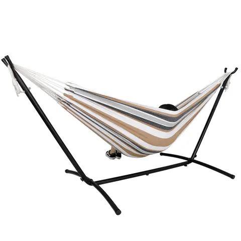 Segawe Portable Double Outdoor Durable Hammock with 9FT Stand Set, 107”L x 43”W x 40”H, 25.7 lbs, Carry Case, 620 lbs Static Capacity, Polyester-Cotton Blend, Assembly Required, Bold Stripes, Porch/Backyard Furniture