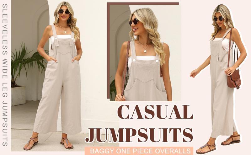 Mundoven Women's Casual Loose Overalls Jumpsuits One Piece Sleeveless Wide Leg Long Pant Rompers With Pockets