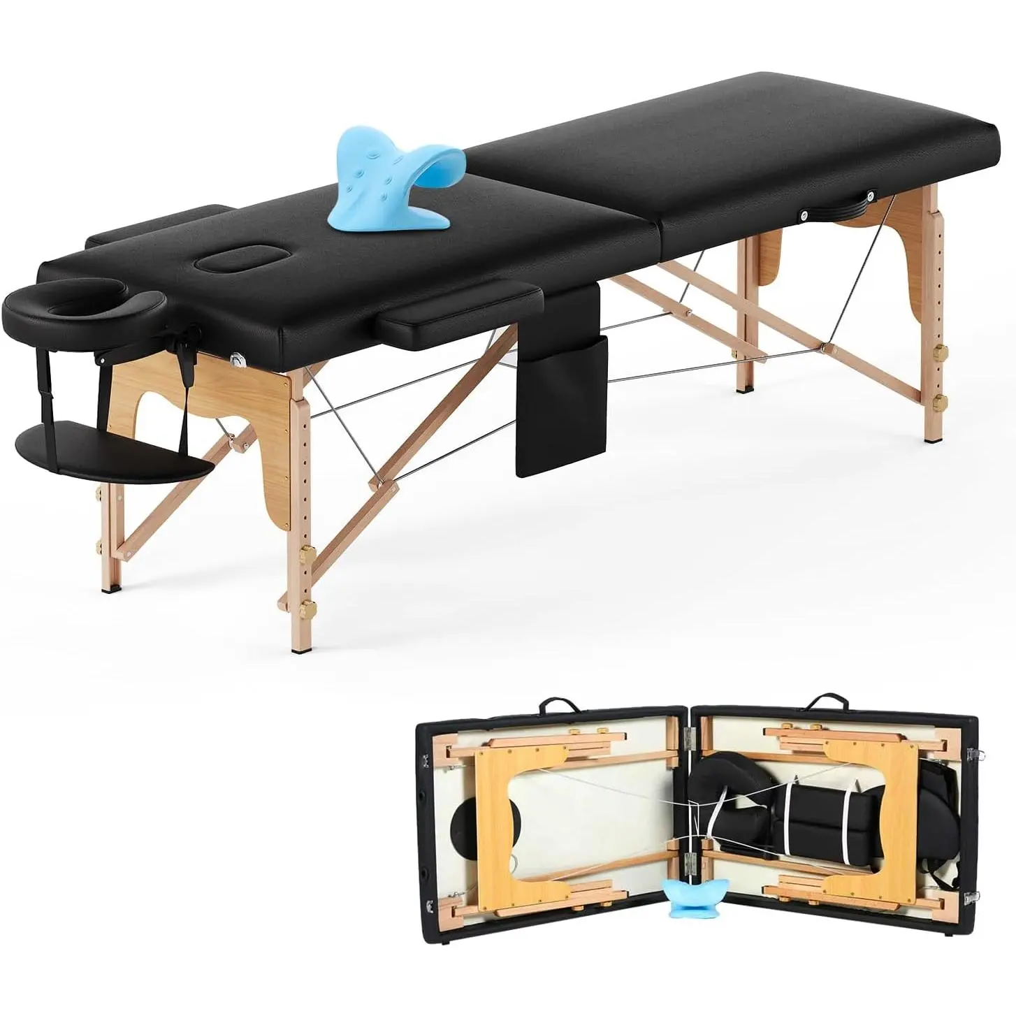 Portable Massage Table with Neck Stretcher - Adjustable Portable Spa Table for Eyelash Extensions, Beauty Tattoo (Black), Salon Equipment