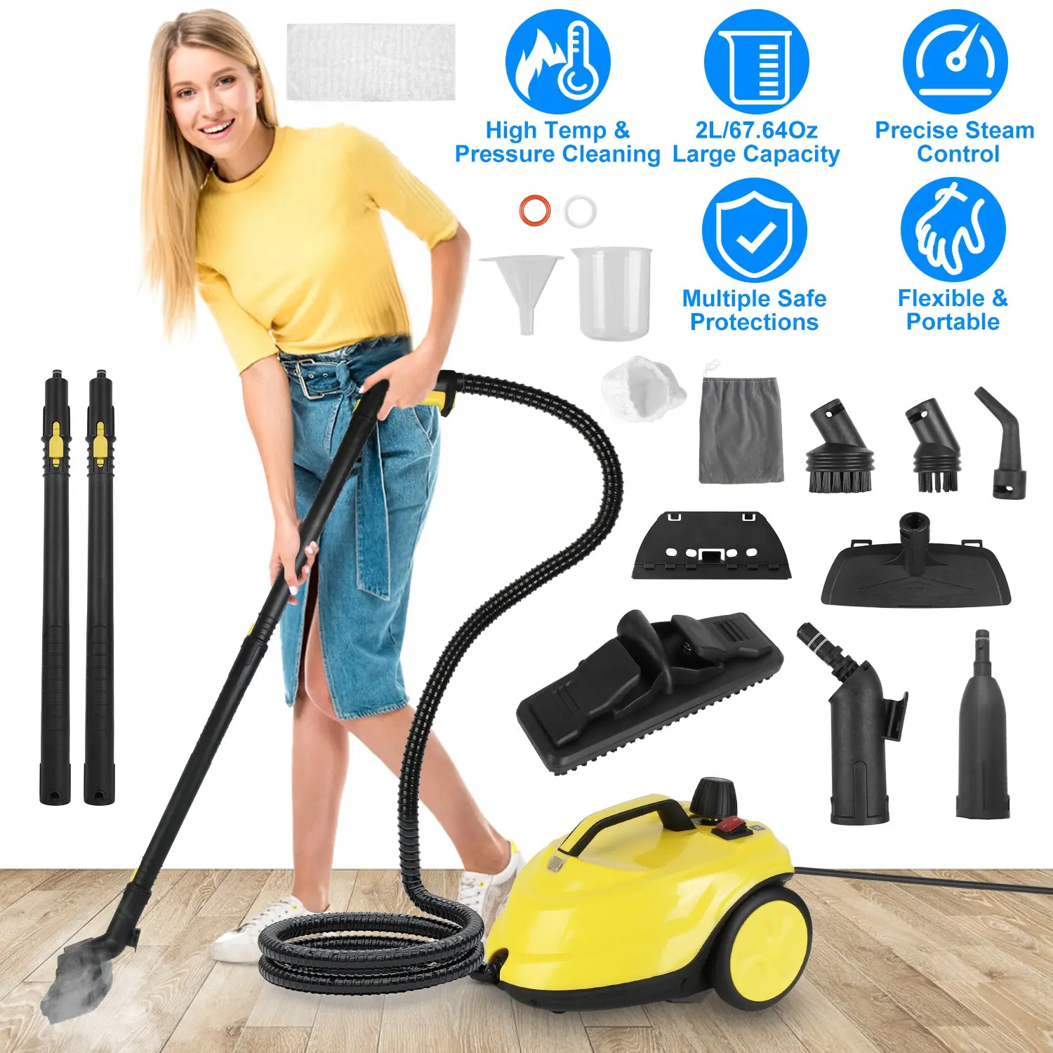 1800W High Pressure Steam Cleaner - 212 ℉   Chemical-Free Deep Cleaning, 5 Bar Pressurized, 2L 304 Stainless Steel Tank, Overheat Protection + 16.83ft Cord, Versatile Attachments for Home/Car/Pet Areas