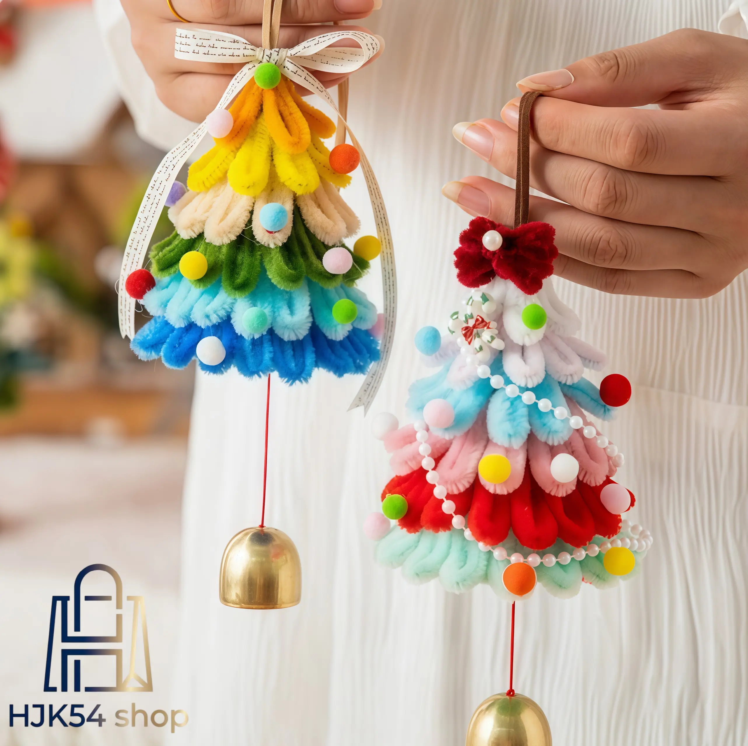 Handmade Christmas Ornament Charms, 2-Pack Aesthetic Pipe Cleaner Bells with Wood Accents, Hanging Holiday Decor for Tree & Gifts