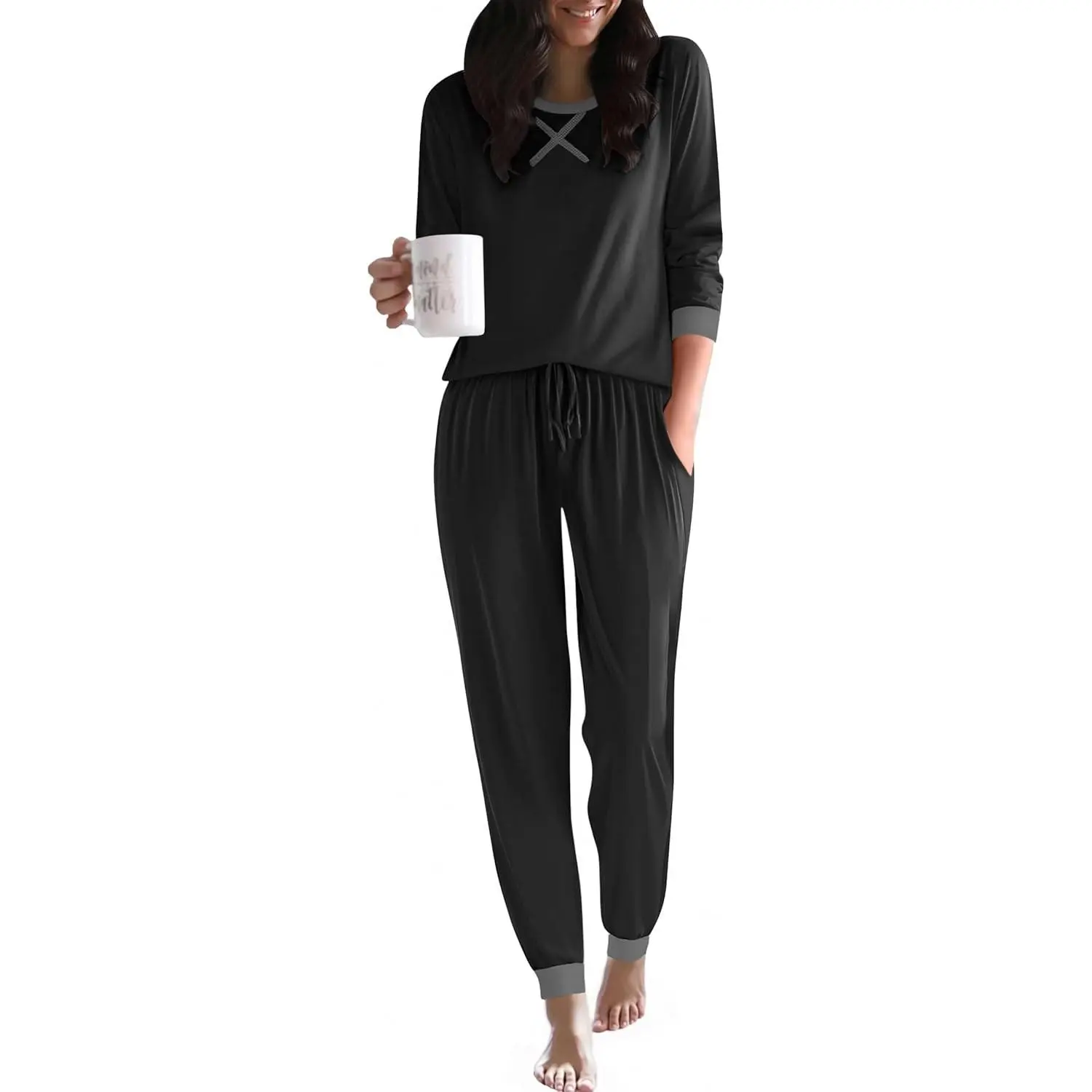 Loungewear Set for Women, Casual 2 Piece Solid Jogger Pajamas with Long Sleeves and Pockets, Lady, Basic