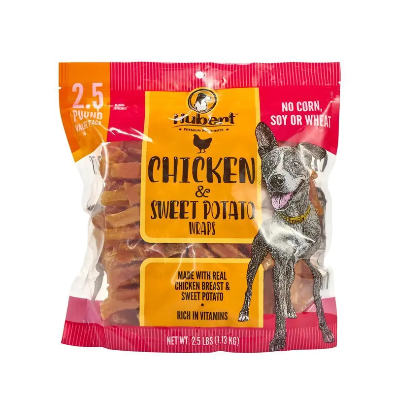 Hubert Gourmet Sugar-Free Sweet Potato Wraps Dog Treats - All-Natural Chicken & Duck Duo, Chewy Real Meat Snacks for Universal Puppies/Adults, Puppy Training & Feeding, Behavior Support, Re-Sealable Bag
